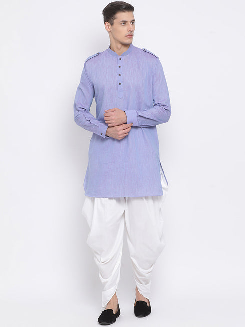 Vastramay Men's Blue Cotton Blend Kurta and Dhoti Set